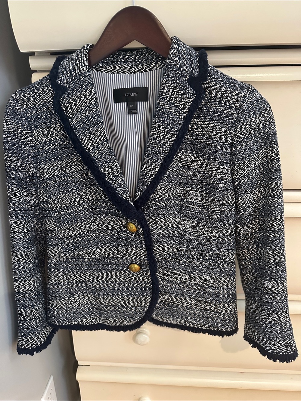 J. Crew Navy and White Tweed Blazer with Gold Buttons, size 0 petite
